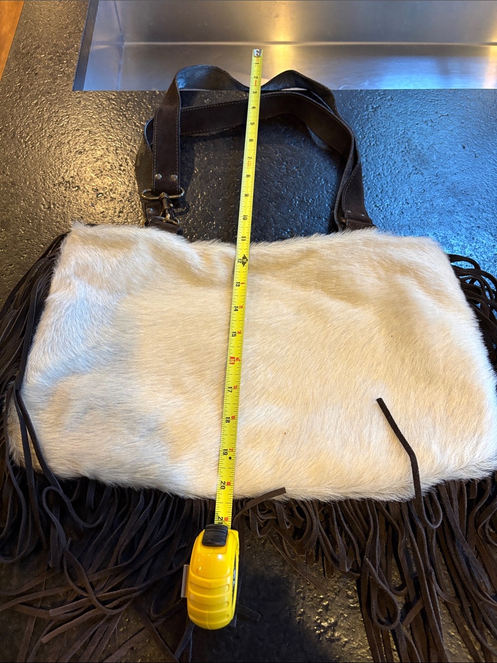 Cream Faux Fur Fringe Shoulder Bag with Dark Brown Straps